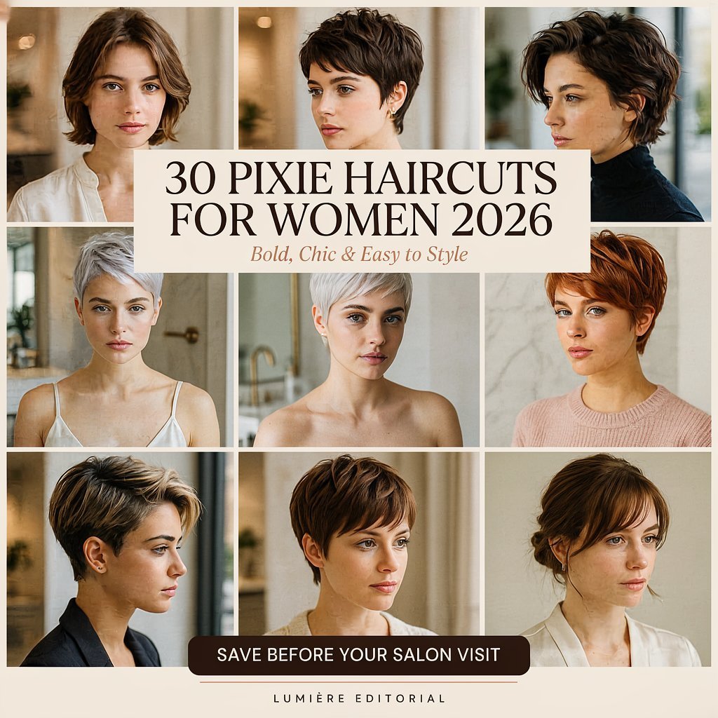 Classic brunette pixie haircut with soft layers and a glossy salon finish.