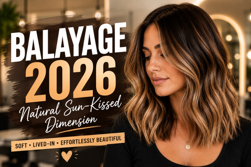 Editorial feature image showcasing a woman with shoulder-length brunette balayage hair featuring soft caramel highlights, paired with bold "BALAYAGE 2026" typography and a warm salon-inspired background.