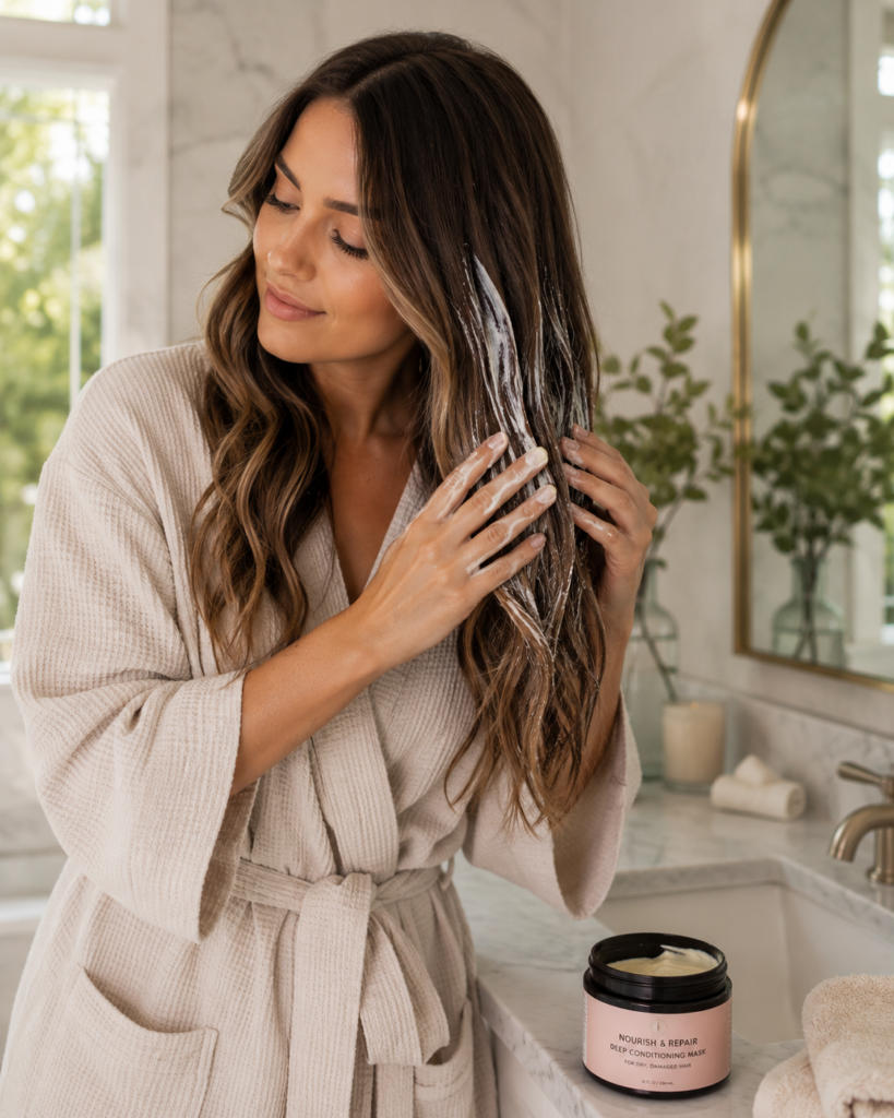 Woman with balayage-highlighted brunette hair applying a deep conditioning hair mask to her mid-lengths and ends in a bright bathroom while wearing a soft cotton robe, with a hair mask jar on the countertop and natural window light creating a peaceful self-care setting.