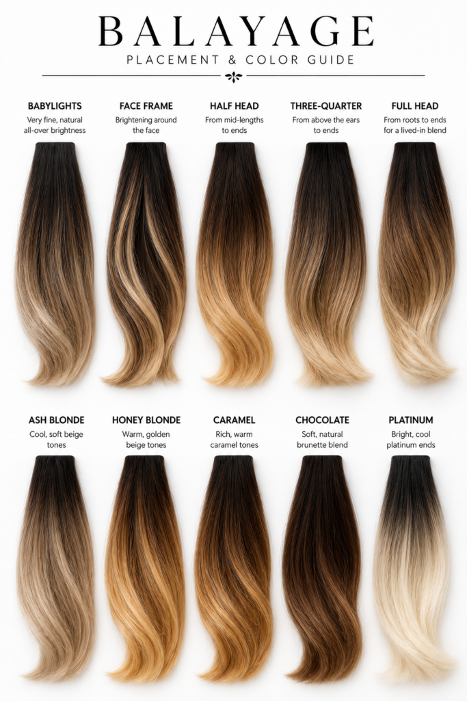 Professional balayage hair color reference chart featuring multiple hair swatches with dark roots fading into lighter ends, illustrating different balayage placement patterns and color gradients on a clean white background with soft studio lighting.