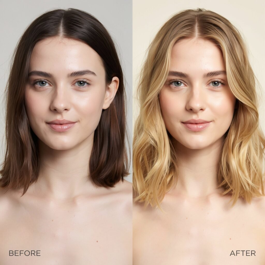 Before and after comparison of the same woman with dark brown hair transformed into soft golden blonde loose waves, showing brighter color, added dimension, and enhanced shine.