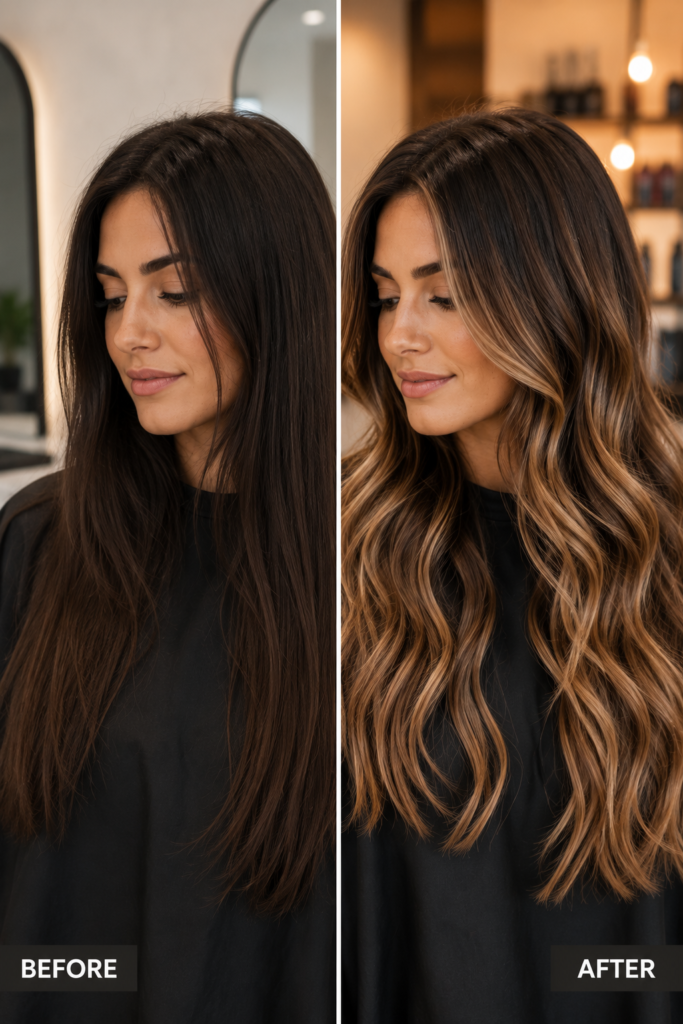 Split-screen before-and-after comparison of the same woman showing flat single-toned brunette hair on the left and soft wavy brunette hair with natural balayage highlights on the right, separated by a thin vertical divider with "BEFORE" and "AFTER" labels.