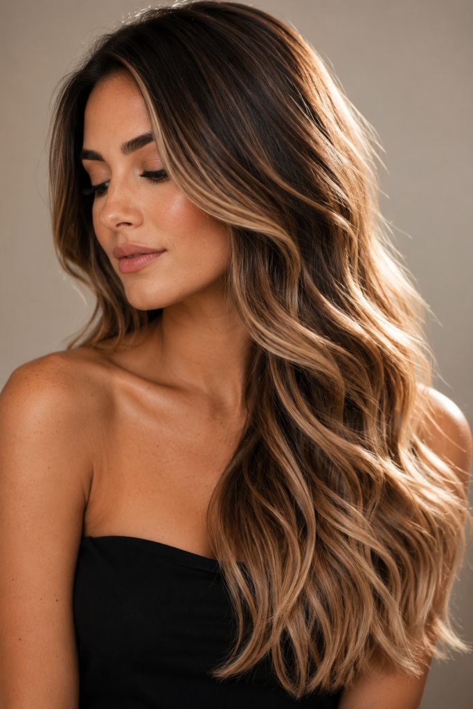 Professional studio portrait of a woman with long wavy brunette hair featuring soft sun-kissed balayage highlights that blend from dark roots to lighter ends, styled over one shoulder under soft studio lighting with a subtle rim light against a neutral background.