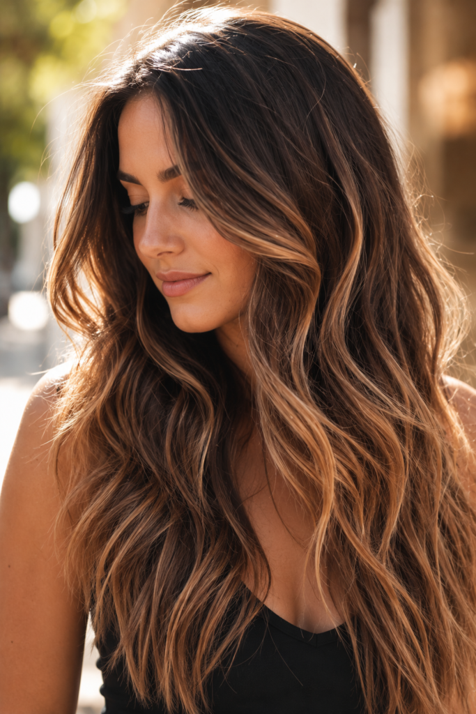 Close-up outdoor portrait of a woman with long wavy brunette hair featuring soft hand-painted balayage highlights that blend from dark roots to sun-kissed ends in warm natural sunlight.