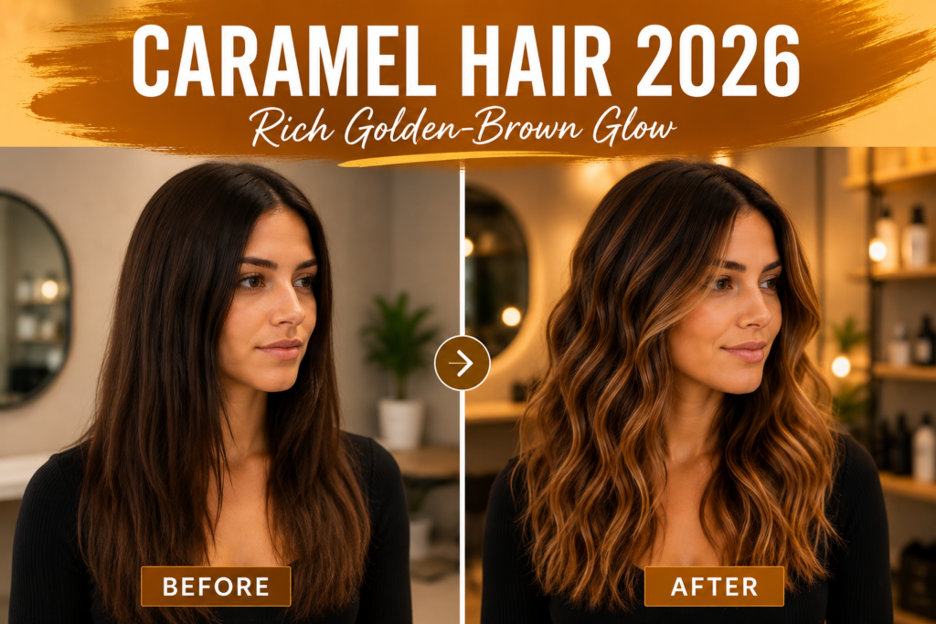 Wide feature image showing a before-and-after caramel balayage hair transformation. The left side displays flat dark brown hair, while the right side features rich golden caramel balayage styled in soft waves under warm salon lighting. A bold amber banner across the top reads "CARAMEL HAIR 2026" with the subtitle "Rich Golden-Brown Glow," creating a premium editorial header suitable for a beauty or hair color article