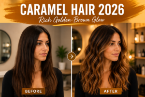 Wide feature image showing a before-and-after caramel balayage hair transformation. The left side displays flat dark brown hair, while the right side features rich golden caramel balayage styled in soft waves under warm salon lighting. A bold amber banner across the top reads "CARAMEL HAIR 2026" with the subtitle "Rich Golden-Brown Glow," creating a premium editorial header suitable for a beauty or hair color article
