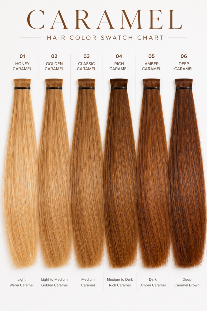 Professional hair color swatch chart featuring a gradient of caramel shades from light honey caramel to deep amber caramel, displayed as neatly fanned hair swatches on a clean white background with soft studio lighting highlighting warm golden-brown undertones