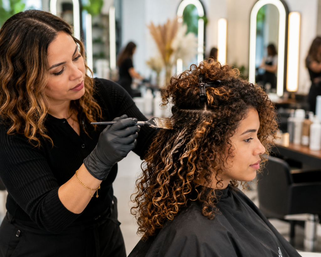 Professional hair colorist hand-painting warm balayage onto natural curly hair section by section in a bright salon, showcasing a texture-focused coloring technique with defined curls and clipped sections.