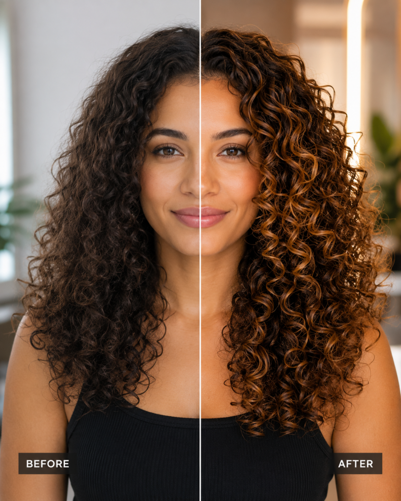 Before and after comparison of curly hair colour transformation showing flat, single-toned curls on the left and rich multi-tonal warm brown curls with enhanced definition, dimension, and shine on the right.