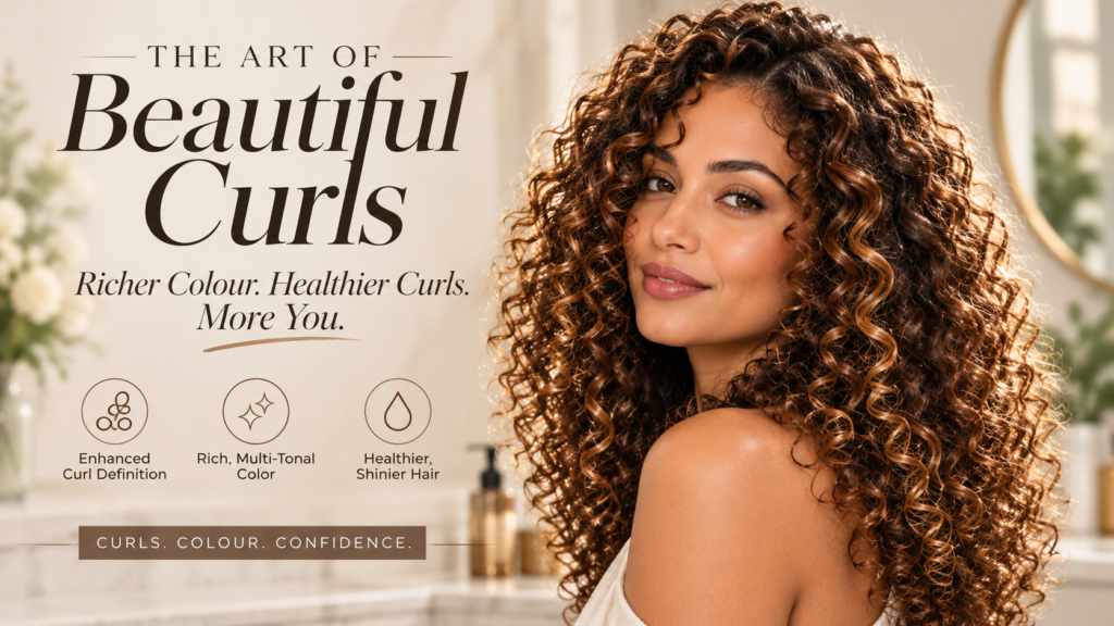 Premium feature image showcasing a woman with voluminous warm brown curly hair and rich multi-dimensional colour, styled in an editorial layout with the title "Curly Hair Color Inspiration" for a 2026 hair colour guide.