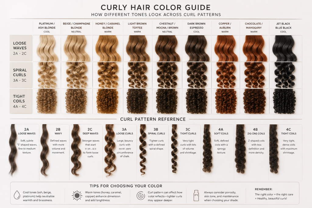 Professional hair color swatch chart comparing warm and cool shades across loose waves, spiral curls, and tight coils on a clean white background for curly hair color consultation.