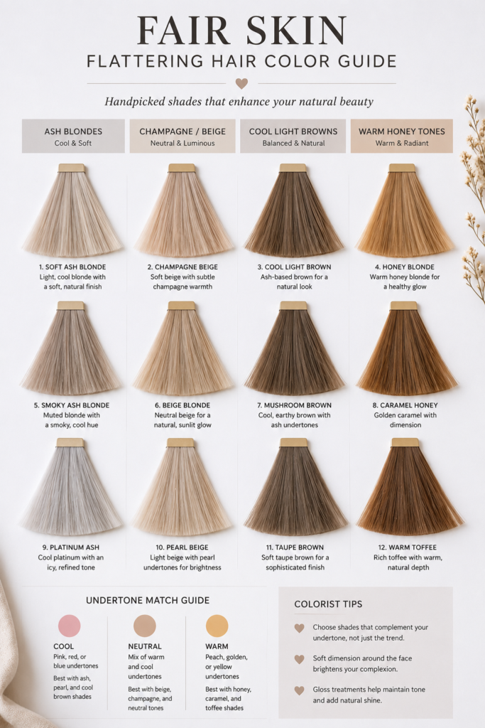 Professional hair color swatch chart featuring flattering shades for fair skin, including soft ash blonde, champagne beige, cool light brown, and warm honey tones, arranged on a clean white background with soft studio lighting for a salon undertone consultation guide.