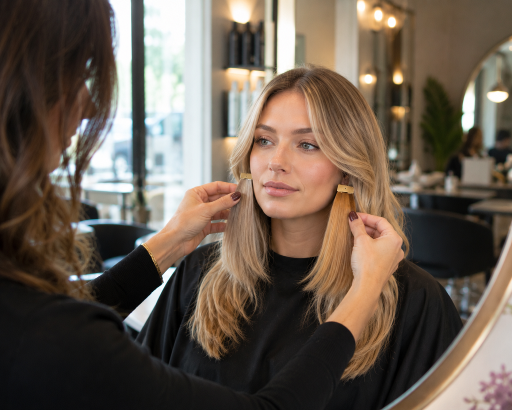 Professional hair colorist comparing cool ash blonde and warm honey blonde hair swatches against a fair-skinned client's face during a personalized undertone consultation in a modern salon with soft natural lighting.