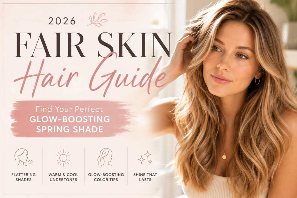 Fair-skinned woman with luminous champagne blonde hair in soft waves featured in the 2026 Fair Skin Hair Guide with glow-boosting spring hair color inspiration.