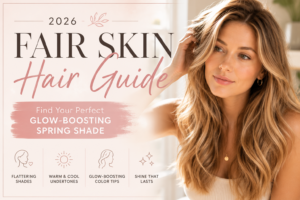 Fair-skinned woman with luminous champagne blonde hair in soft waves featured in the 2026 Fair Skin Hair Guide with glow-boosting spring hair color inspiration.