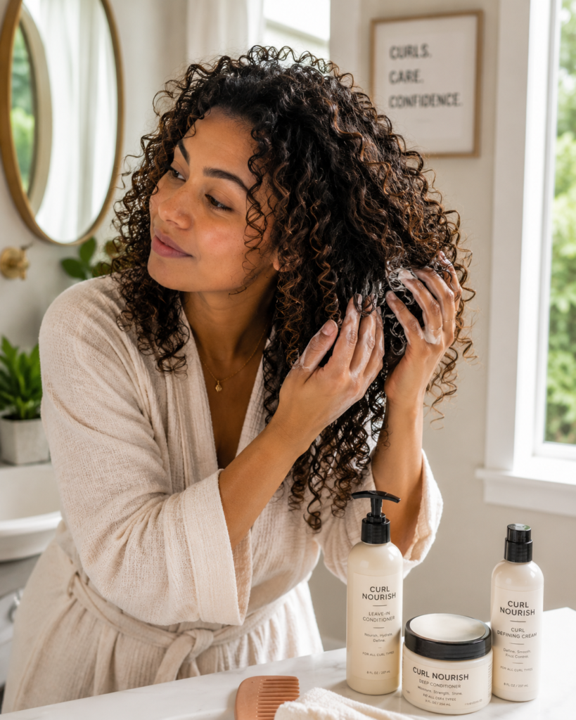 Woman with healthy, defined curly hair applying leave-in conditioning cream using the scrunching method in a bright bathroom, with curl care products on the countertop and soft natural window light.