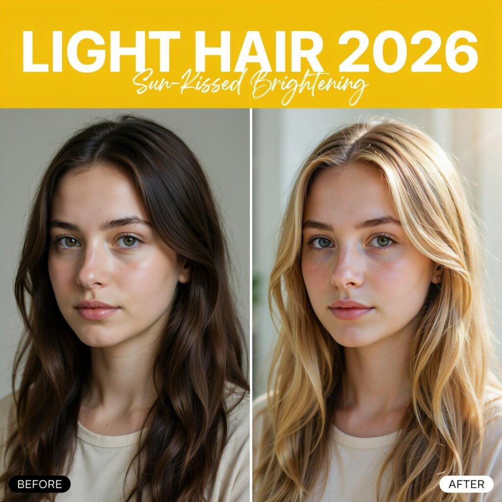 Vertical Pinterest pin featuring a split-screen before and after light hair transformation, showing dark hair changing into bright sun-kissed blonde with a golden-yellow banner and modern beauty typography. Select 62 more words to run Humanizer.