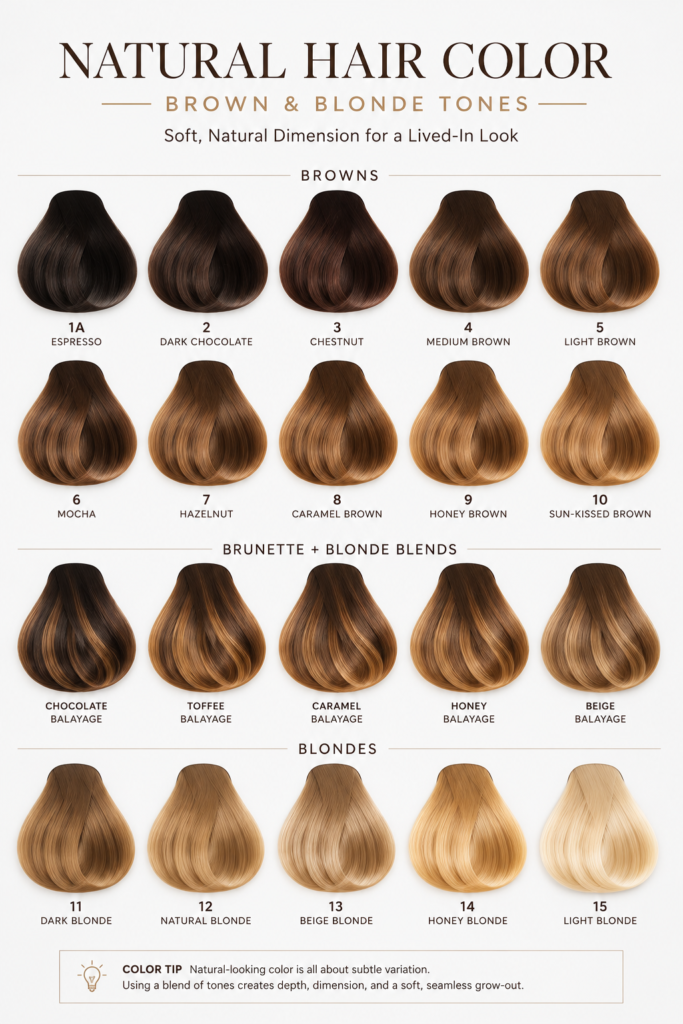 Professional hair color swatch chart displaying closely blended natural brown and blonde shades on a clean white background, illustrating subtle tonal variation for realistic, natural-looking hair color in a salon consultation style.