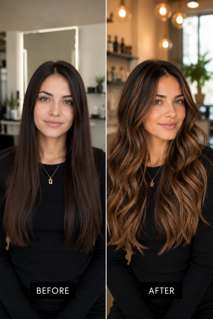 Before and after comparison of the same woman showing flat, single-tone brown hair transformed into soft multi-tonal natural brunette hair with loose waves and enhanced dimension under warm salon lighting.