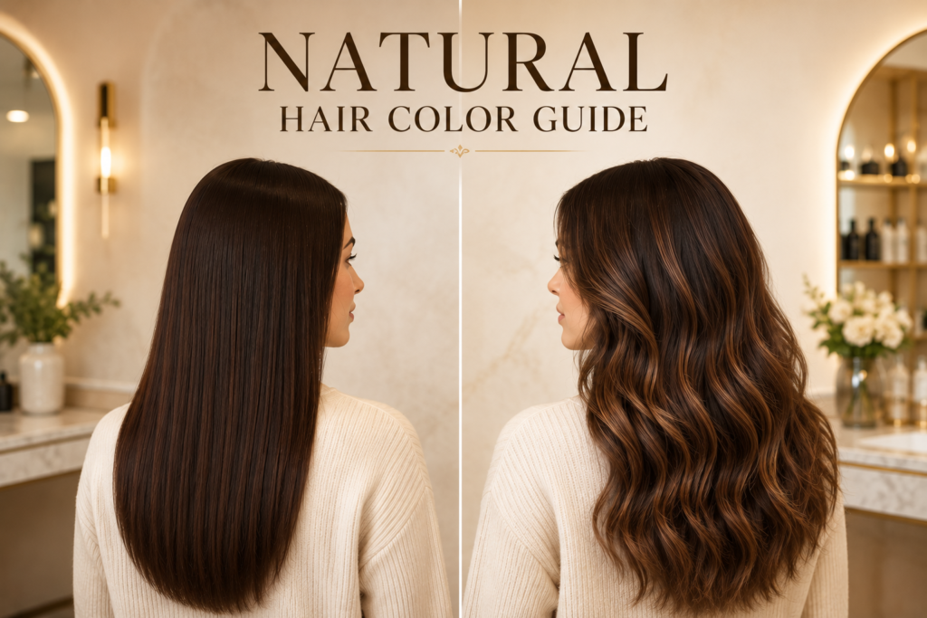 Editorial feature image comparing flat single-tone brown hair with soft multi-tonal natural brunette hair, showcasing a realistic before-and-after transformation in a luxury salon setting under warm lighting