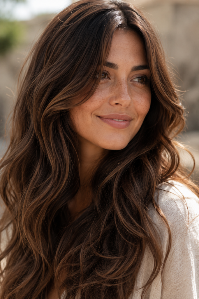 Close-up portrait of a woman with long, healthy multi-tonal natural brown hair styled in loose waves, photographed outdoors in soft natural daylight with subtle dimensional color and a relaxed expression.