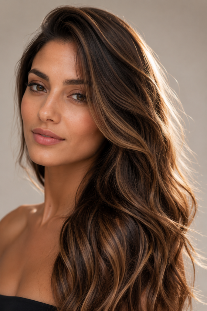 Professional studio portrait of a woman with long, softly multi-tonal natural brown hair styled in relaxed waves over one shoulder, illuminated with soft studio and rim lighting against a neutral blurred background.