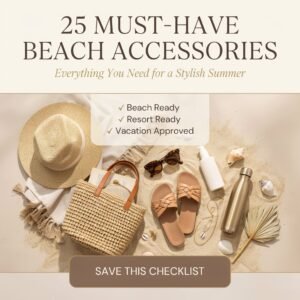 Luxury editorial collage featuring a complete collection of beach accessories including a straw hat, oversized sunglasses, woven beach bag, leather sandals, pearl jewelry, gold necklaces, Turkish towel, waterproof phone pouch, reusable water bottle, silk scarf, and white linen dress against a tropical beach background.