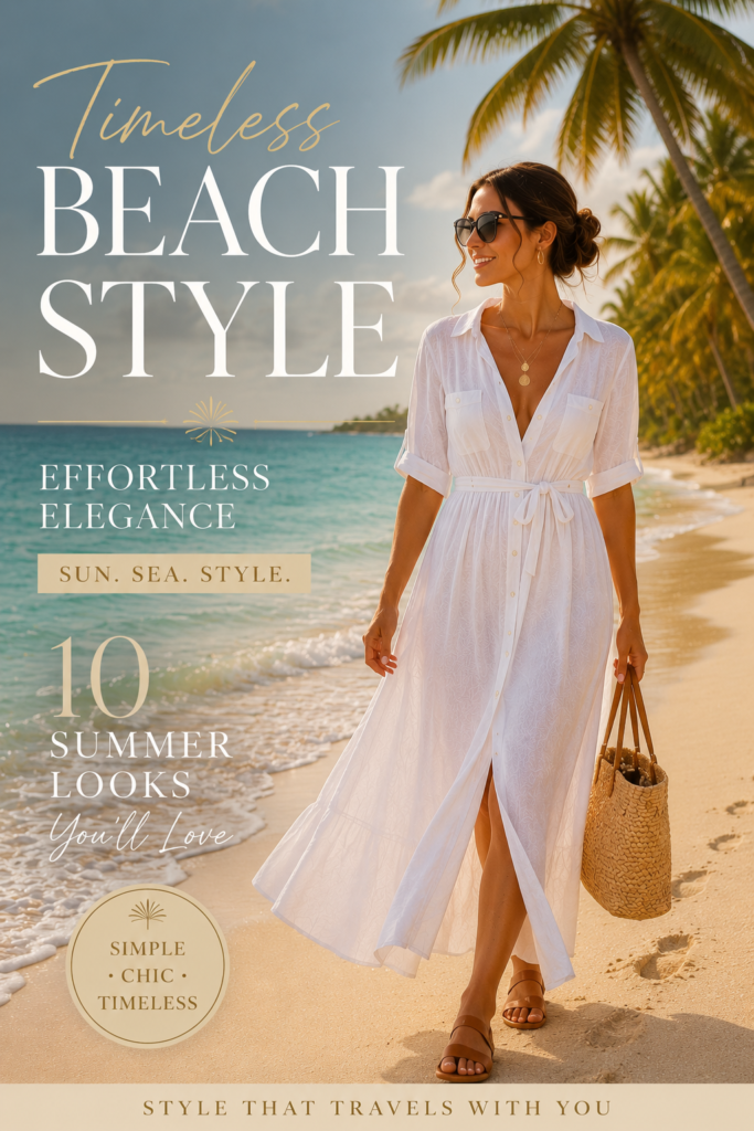 ylish woman wearing a flowing white linen beach dress walking along a tropical beach with turquoise ocean, palm trees, and golden sunshine, featured in a luxury summer fashion Pinterest pin.