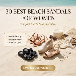 Stylish beach sandals for women including leather flats, wedge espadrilles, waterproof slides, and cork footbed sandals displayed on white sand with a straw hat, woven beach bag, and oversized sunglasses in a luxury Pinterest editorial design.