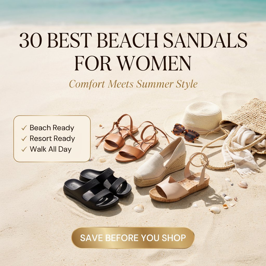 Stylish beach sandals for women including leather flats, wedge espadrilles, waterproof slides, and cork footbed sandals displayed on white sand with a straw hat, woven beach bag, and oversized sunglasses in a luxury Pinterest editorial design.
