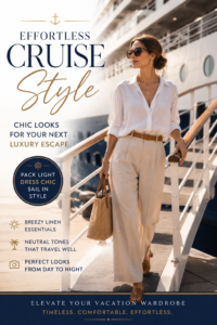 Fashionable woman in a white linen shirt and beige trousers boarding a luxury cruise ship, showcasing elegant resort wear with oversized sunglasses and tan leather sandals.