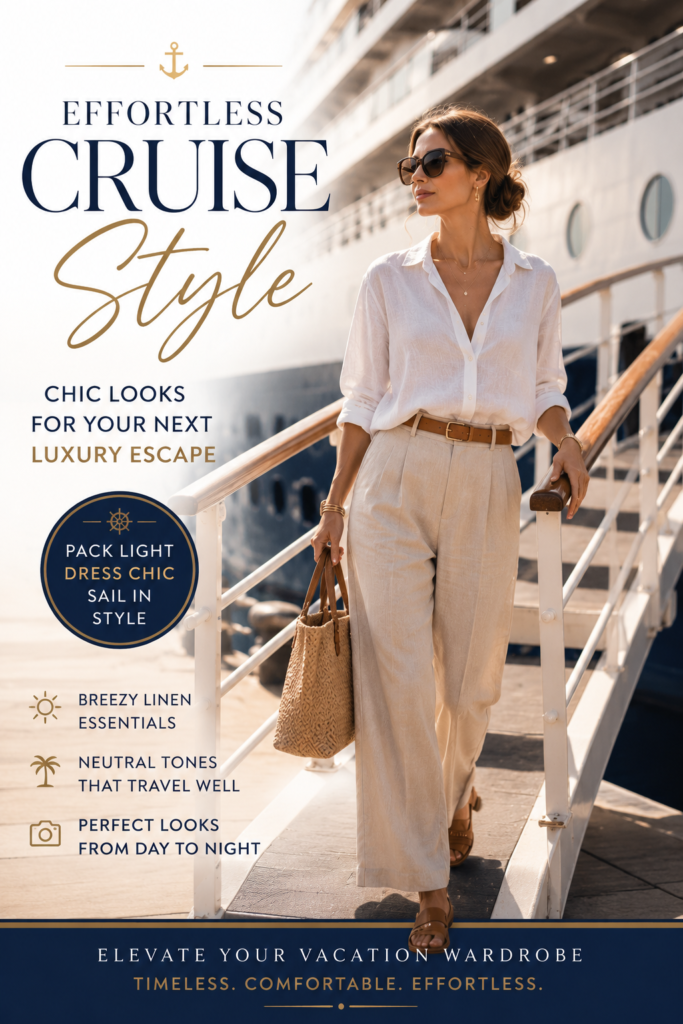 Fashionable woman in a white linen shirt and beige trousers boarding a luxury cruise ship, showcasing elegant resort wear with oversized sunglasses and tan leather sandals.