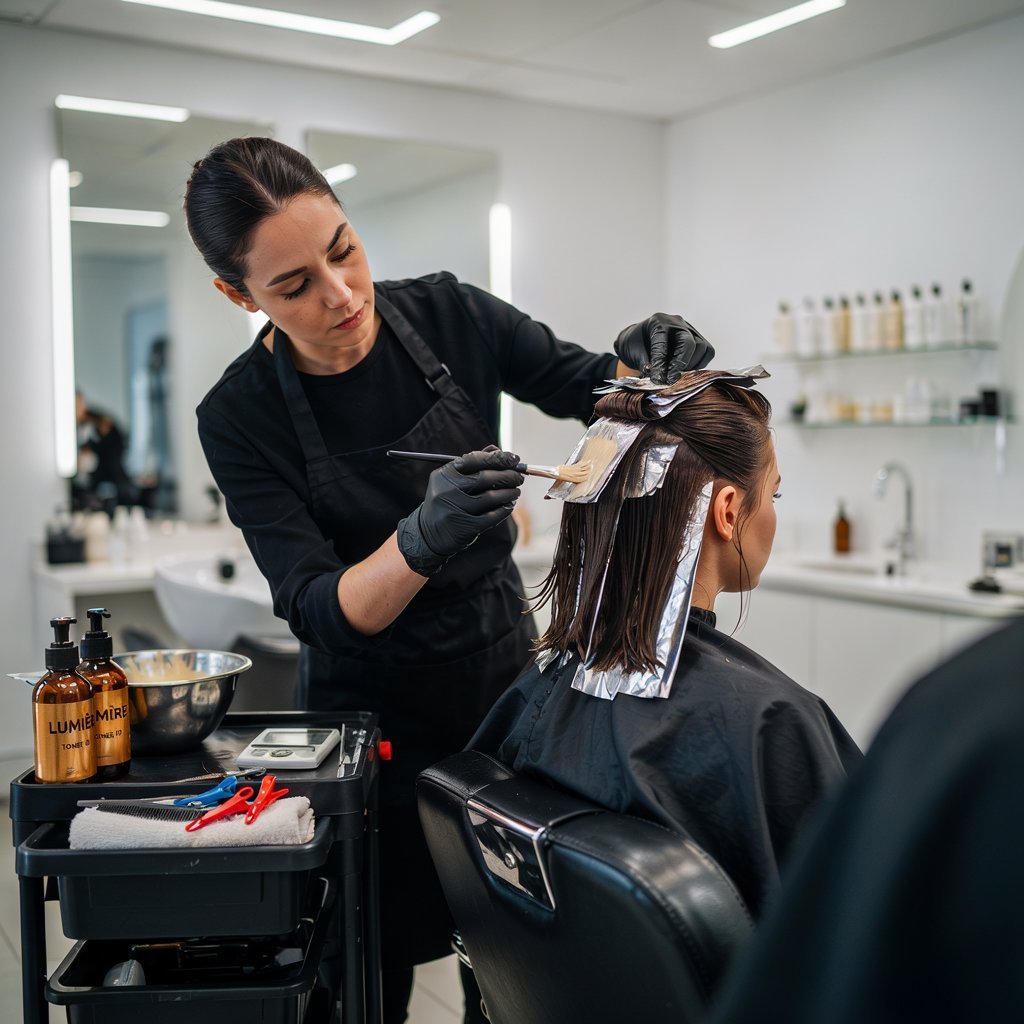 Professional hair colorist applying bleach to sectioned foil highlights with a tint brush in a modern salon, demonstrating a precise hair lightening technique using professional coloring tools.