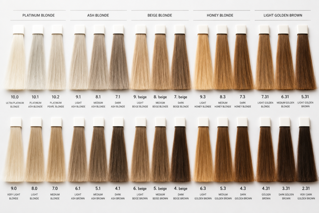 Professional hair color swatch chart displaying platinum blonde, ash blonde, beige blonde, honey blonde, and light golden brown shades with labeled salon color samples on a clean white background.