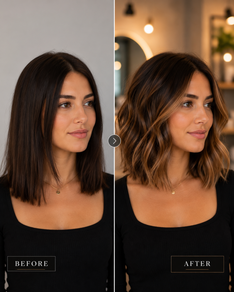 Luxury salon-style before-and-after comparison showing a woman with shoulder-length dark brown hair transformed into a textured shoulder-length caramel balayage bob with soft waves, separated by a thin vertical divider and labeled "BEFORE" and "AFTER"