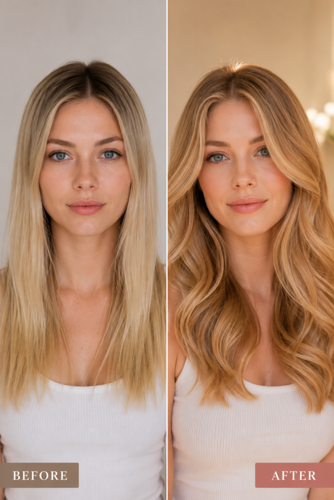 Before-and-after comparison of a fair-skinned woman's blonde hair transformed into a luminous spring-toned shade with soft waves and enhanced shine.
