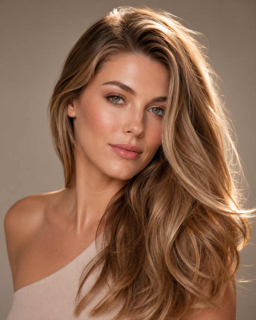 Fair-skinned woman with soft luminous spring-toned hair color styled over one shoulder in a luxury studio portrait.