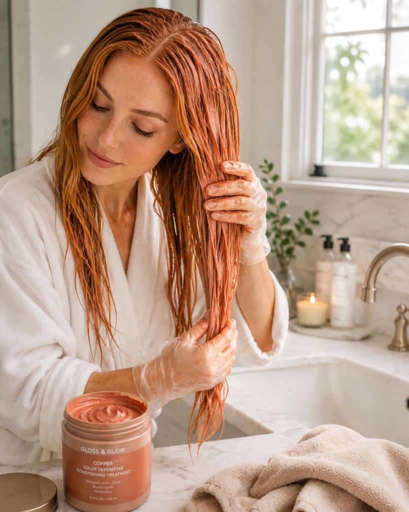 Woman with strawberry blonde hair applying a warm copper-toned color-depositing conditioning treatment with gloved hands in a bright bathroom, illuminated by soft natural window light for a self-care hair care routine.