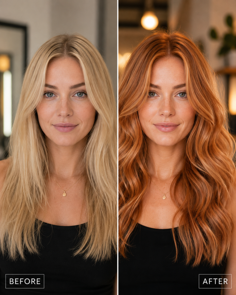 Split-screen before-and-after comparison of the same woman showing a transformation from plain blonde hair to rich strawberry blonde with warm golden-red tones and loose waves, separated by a vertical divider with "BEFORE" and "AFTER" labels.