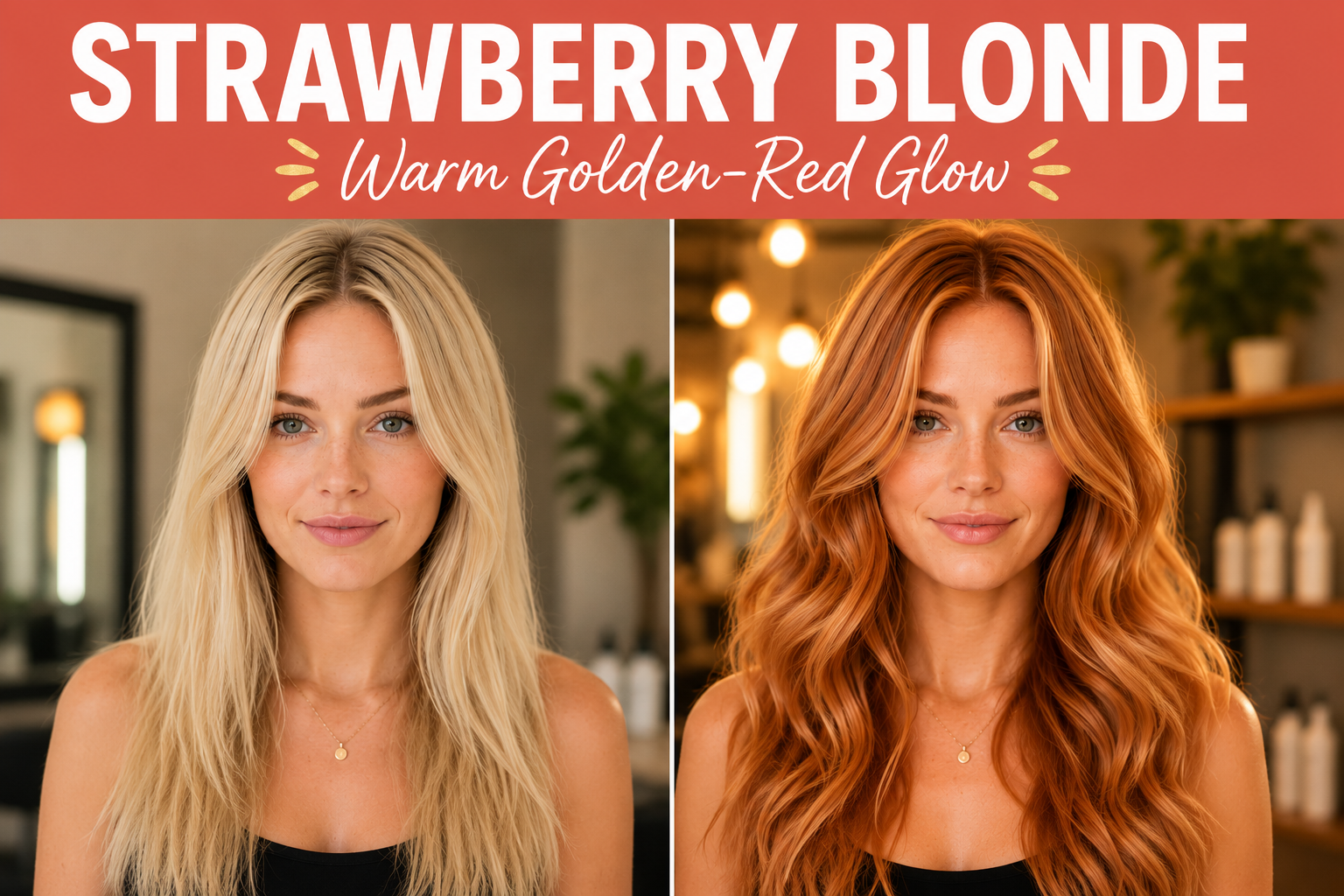 Before-and-after featured image showing a transformation from plain blonde hair to rich strawberry blonde with warm golden-red tones, topped with the headline "Strawberry Blonde Warm Golden-Red Glow