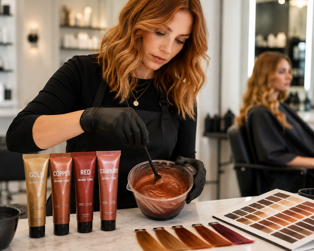 Professional hair colorist wearing black gloves mixing warm red, gold, and copper hair color pigments in a tinting bowl, with color tubes on a salon counter and a client waiting in the background under bright studio-style salon lighting.