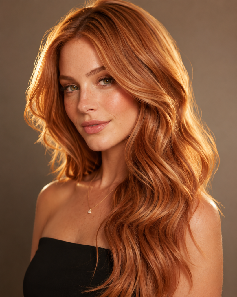 Professional studio portrait of a woman with long, wavy strawberry blonde hair featuring rich golden-red dimension, styled over one shoulder and illuminated by soft studio lighting with a warm rim light against a softly blurred neutral background.
