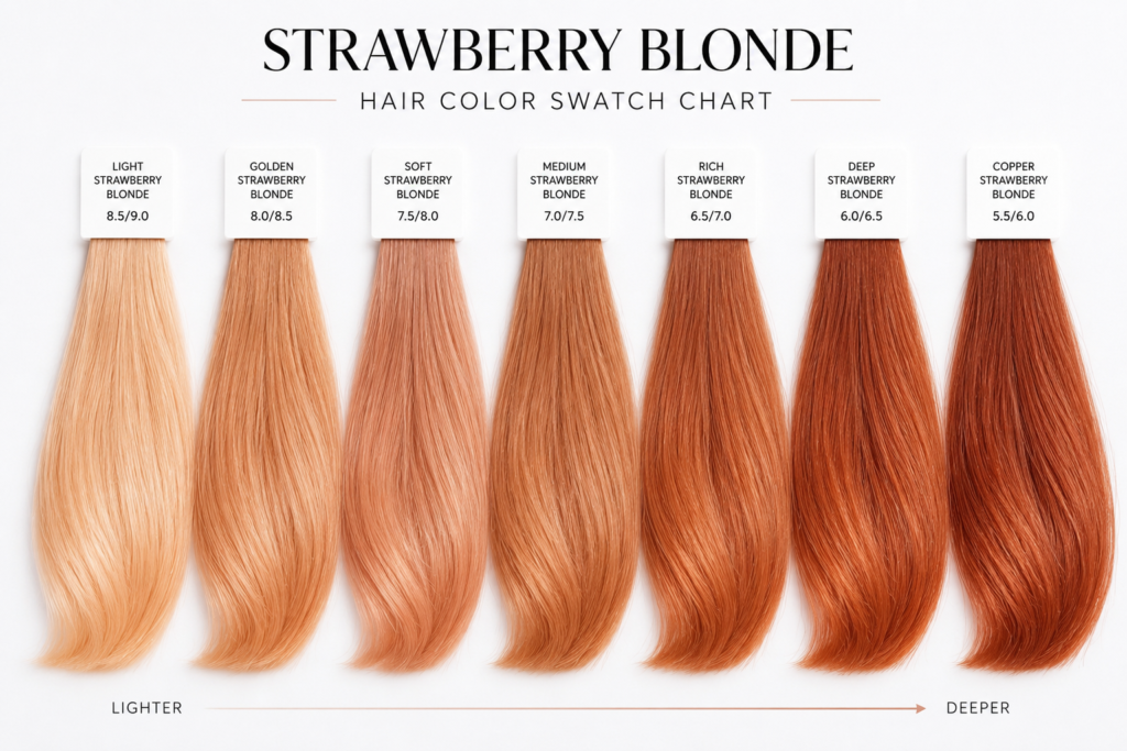 Professional strawberry blonde hair color swatch chart featuring a gradient of shades from light golden-pink blonde to deep copper-strawberry, displayed on a clean white background with soft studio lighting for accurate color representation.