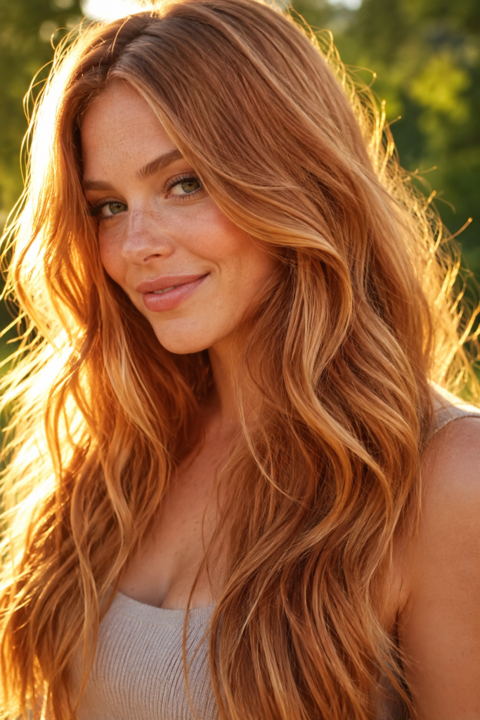 Close-up portrait of a woman with long, wavy strawberry blonde hair featuring soft golden-red and blonde tones, photographed outdoors in warm golden-hour sunlight with a softly blurred natural background.
