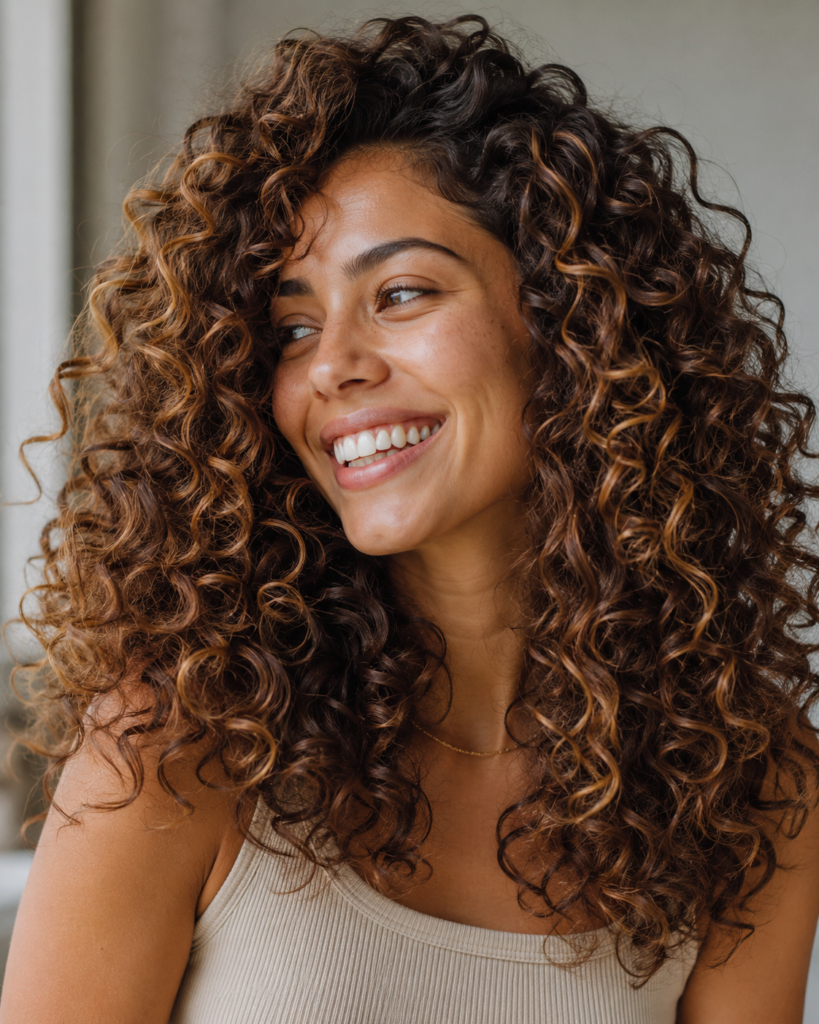 Close-up portrait of a woman with voluminous, defined warm brown curly hair featuring multi-tonal dimension, healthy shine, and soft natural window light.