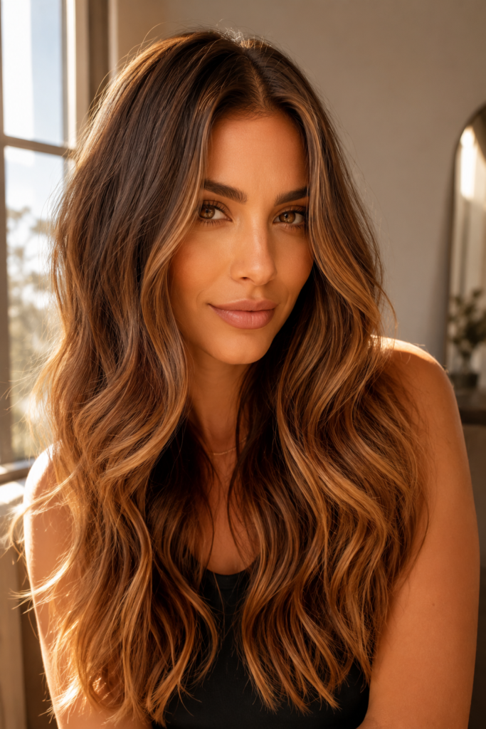 Close-up portrait of a woman with long, glossy warm caramel hair styled in soft waves, illuminated by natural window light that enhances the rich golden-brown tones against a softly blurred neutral background