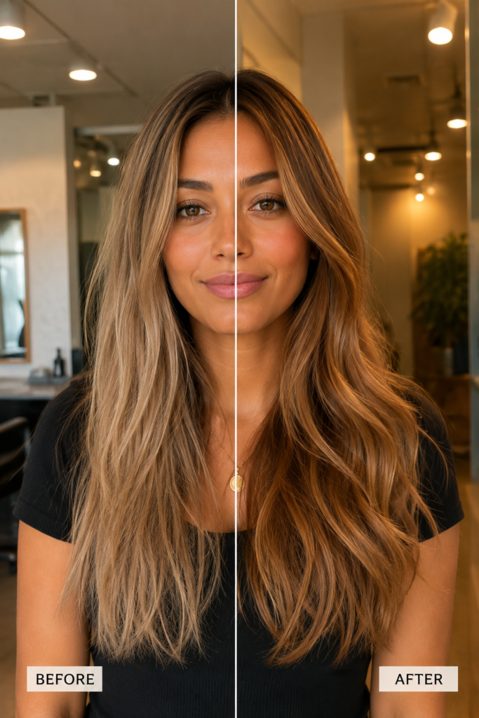 Realistic before-and-after comparison of a warm-skinned woman with dull ashy blonde hair transformed into rich golden caramel spring hair color with soft waves and radiant shine