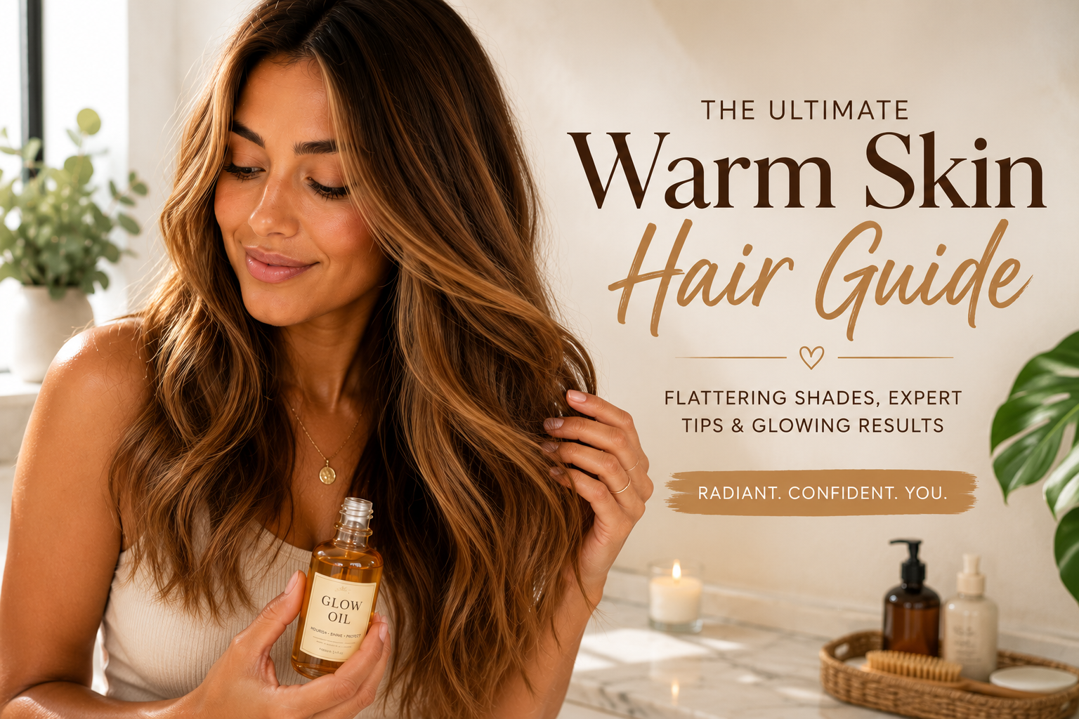 Feature image for a warm skin hair guide showing a woman with glossy golden caramel hair applying hair oil in a bright, luxurious bathroom with warm natural light and elegant editorial styling
