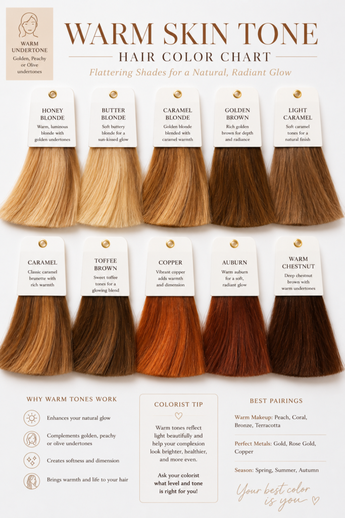 Professional hair color swatch chart featuring honey blonde, caramel, golden brown, copper, and warm chestnut shades for warm skin tones on a clean white studio background.