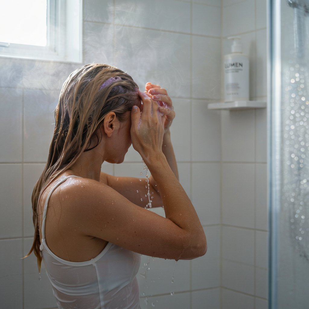 Woman with long light blonde hair applying purple toning shampoo to wet hair in a bright bathroom shower, demonstrating a blonde hair care routine with purple lather for brassiness control.